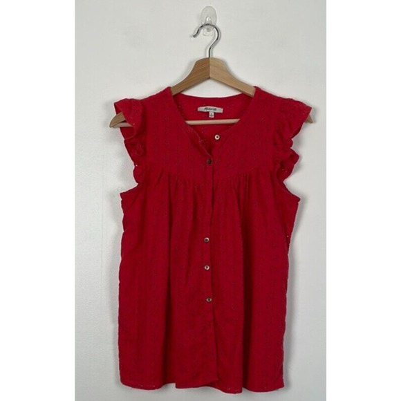 Madewell Eyelet Summer Lace Crochet Button Down Loose Blouse Bell-Sleeve Shirt S - Picture 2 of 6
